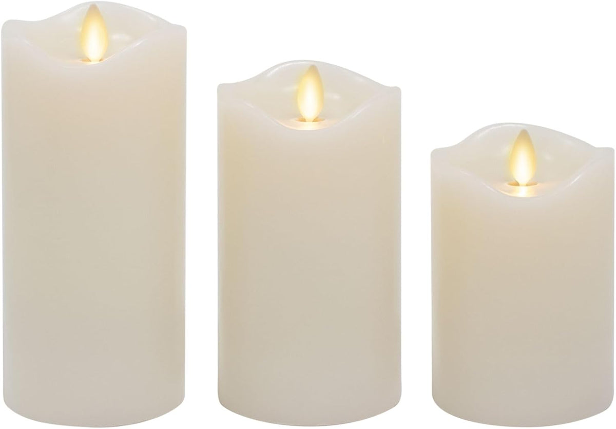 Matchless Candle Co. by Luminara Set of 3 Flameless LED Flickering Moving Flame Pillars (3" x 4.5", 5.5", 6.5"), Melted Unscented Real Wax Edge w/Smooth Finish, AA Battery Operated, Pearl Ivory