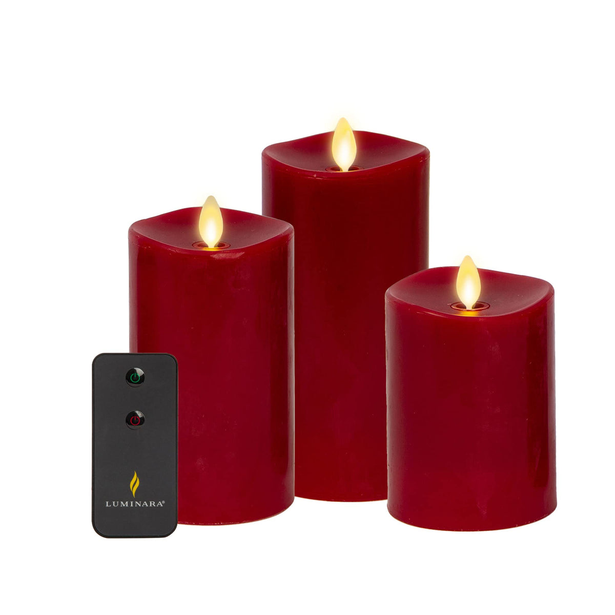 Luminara Realistic Flameless LED Set of 3 Ivory Pillar Candles, Home Safe Moving Flame Melted Top Illumination, Battery Operated Remote Control w/Timer