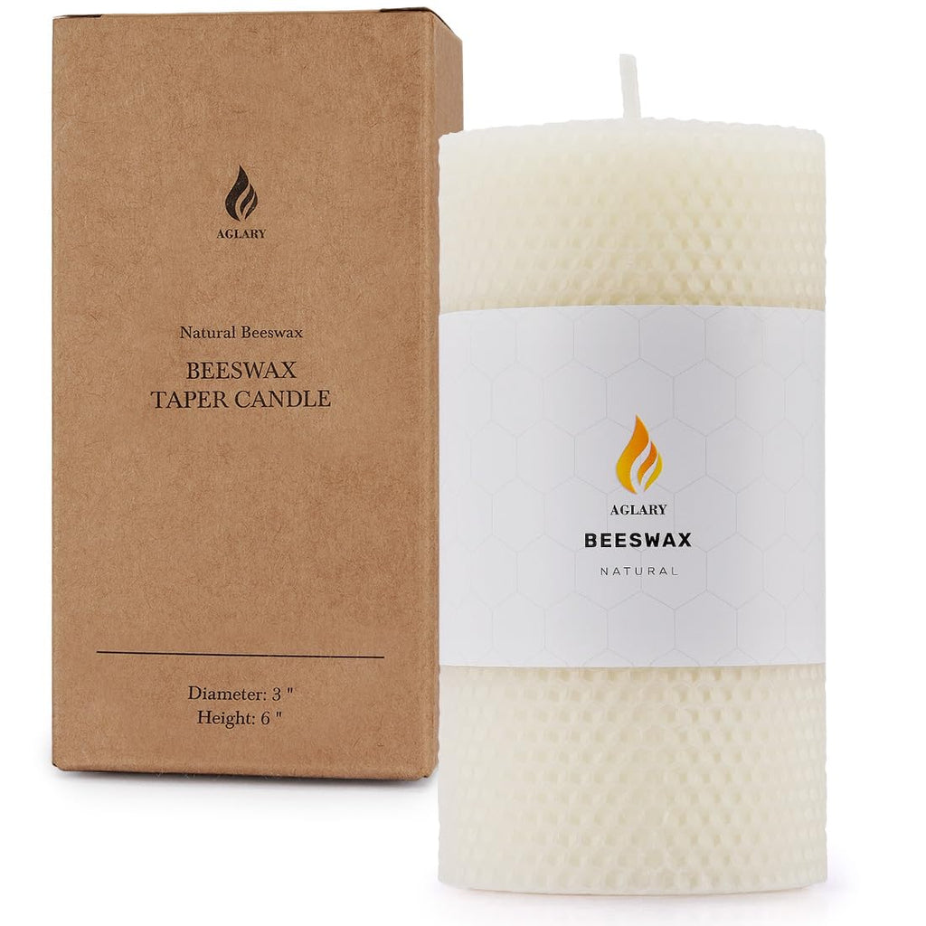 3PCS Beeswax Pillar Candles,Large Handmade Pure Beeswax Rolled Candle,Unscented & Dripless & Smokeless,3 * 6"
