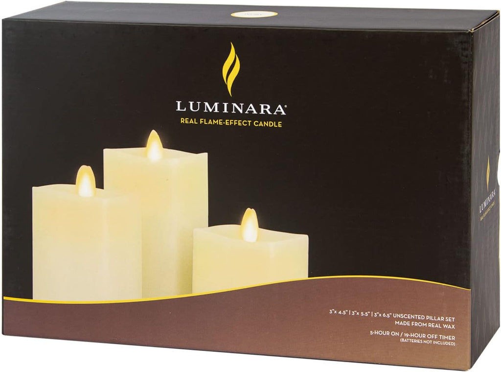 Luminara Realistic Flameless LED Set of 3 Ivory Pillar Candles, Home Safe Moving Flame Melted Top Illumination, Battery Operated Remote Control w/Timer