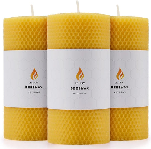3PCS Beeswax Pillar Candles,Large Handmade Pure Beeswax Rolled Candle,Unscented & Dripless & Smokeless,3 * 6"