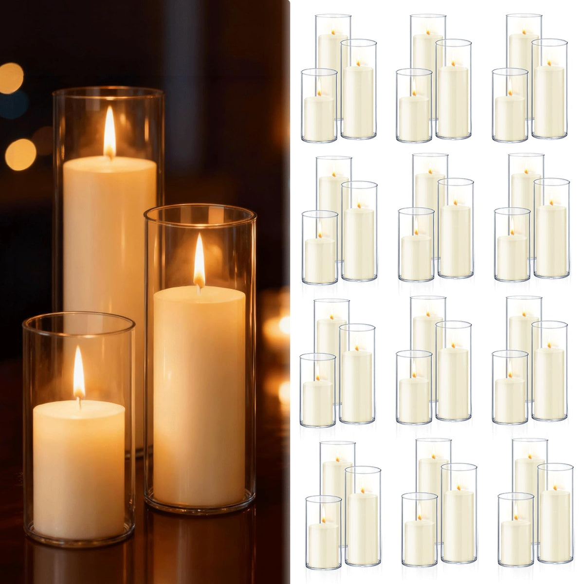 Homjoy 36 PCS Ivory White Pillar Candles with Glass Candle Holders Clear Hurricane Candle Holders Glass Cylinder Vases for Centerpieces Wedding Party, Event, Home Office (18 Candles+18 Candle Hoders)