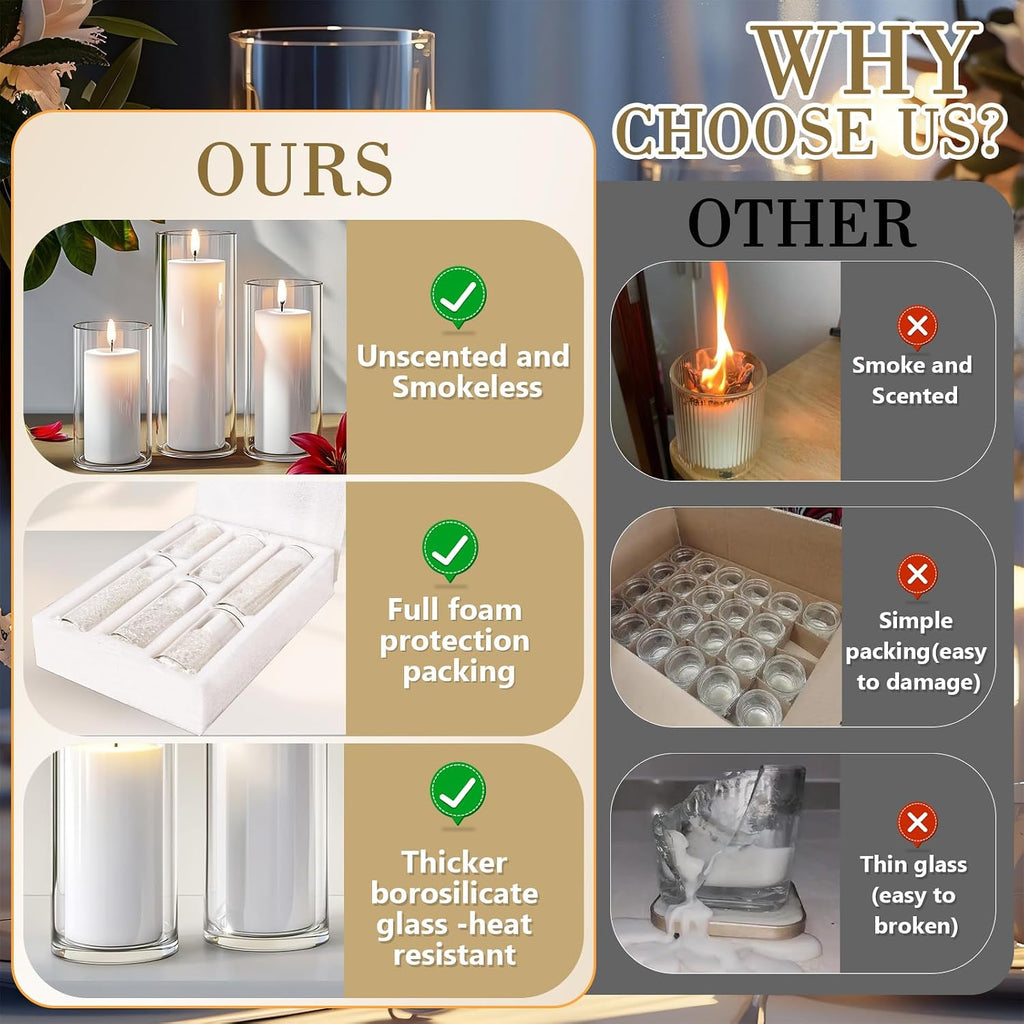 Homjoy 36 PCS Ivory White Pillar Candles with Glass Candle Holders Clear Hurricane Candle Holders Glass Cylinder Vases for Centerpieces Wedding Party, Event, Home Office (18 Candles+18 Candle Hoders)