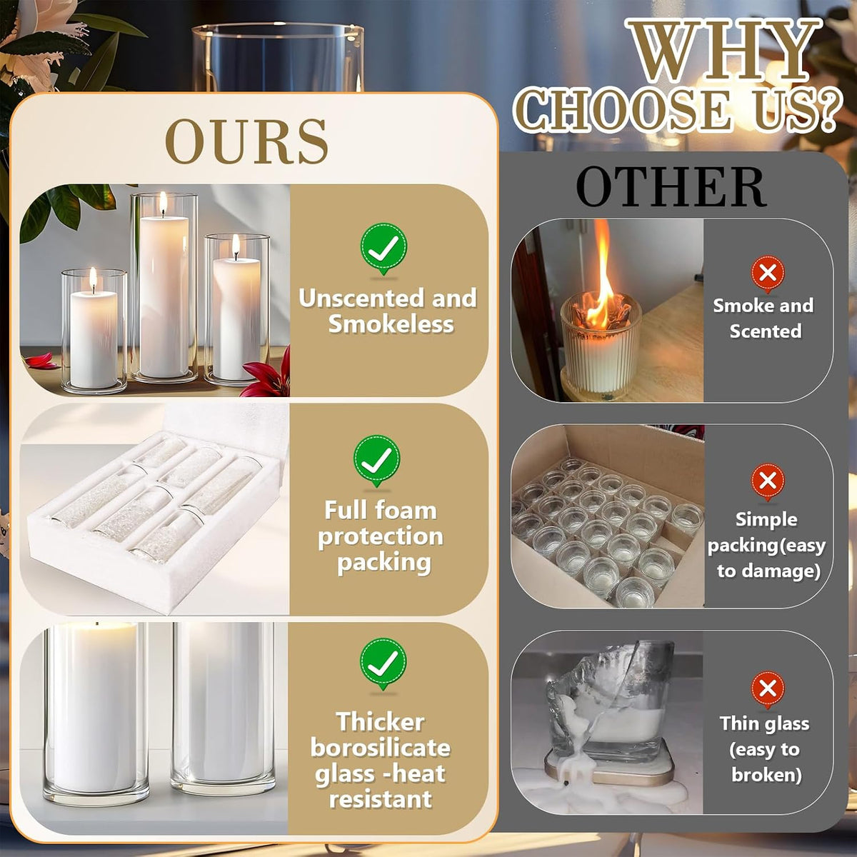Homjoy 36 PCS Ivory White Pillar Candles with Glass Candle Holders Clear Hurricane Candle Holders Glass Cylinder Vases for Centerpieces Wedding Party, Event, Home Office (18 Candles+18 Candle Hoders)