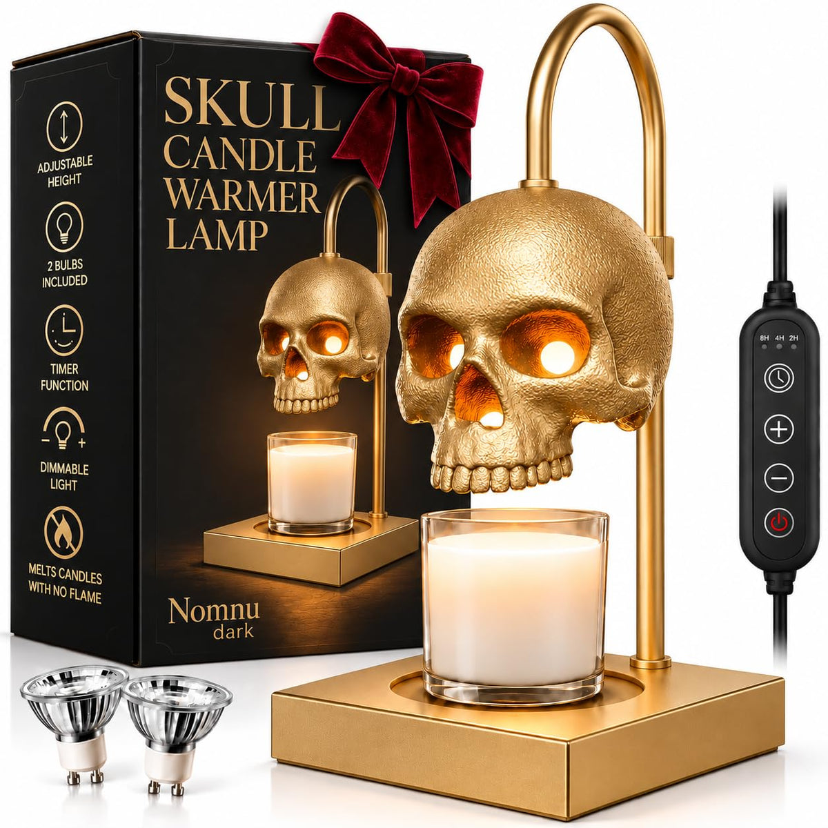 Nomnu Skull Candle Warmer Lamp, Black Spooky Gothic Decor w/Timer & Dimmer