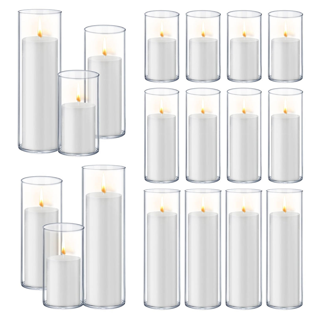 Homjoy 36 PCS Ivory White Pillar Candles with Glass Candle Holders Clear Hurricane Candle Holders Glass Cylinder Vases for Centerpieces Wedding Party, Event, Home Office (18 Candles+18 Candle Hoders)