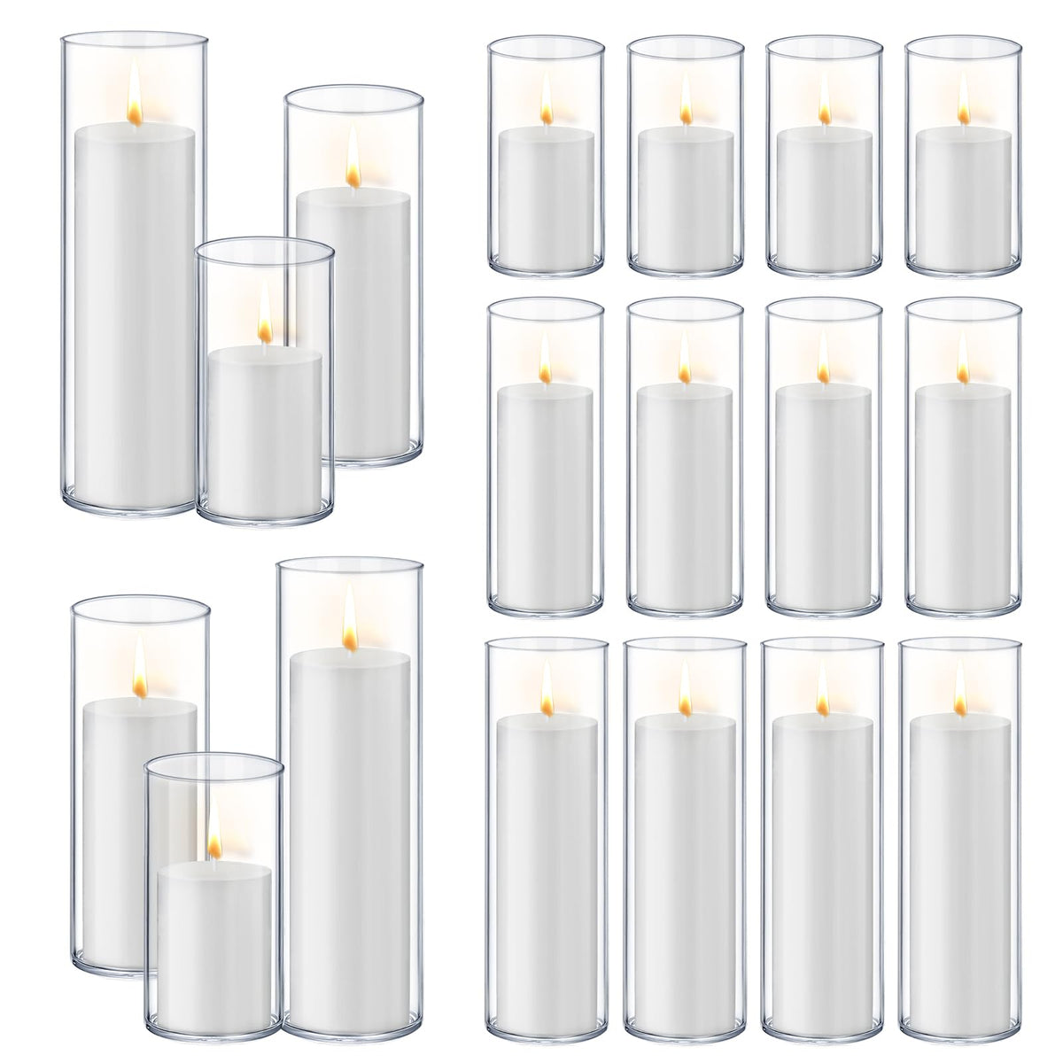 Homjoy 36 PCS Ivory White Pillar Candles with Glass Candle Holders Clear Hurricane Candle Holders Glass Cylinder Vases for Centerpieces Wedding Party, Event, Home Office (18 Candles+18 Candle Hoders)