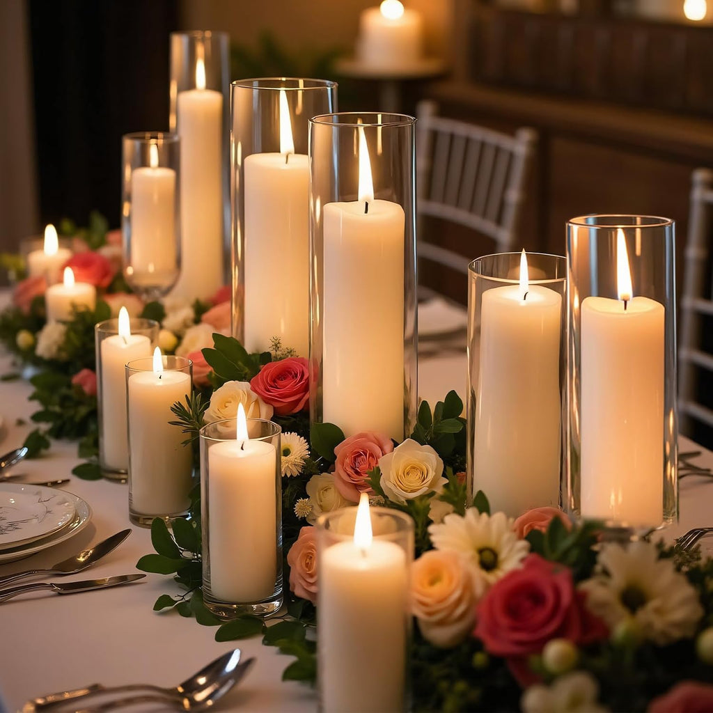 Homjoy 36 PCS Ivory White Pillar Candles with Glass Candle Holders Clear Hurricane Candle Holders Glass Cylinder Vases for Centerpieces Wedding Party, Event, Home Office (18 Candles+18 Candle Hoders)