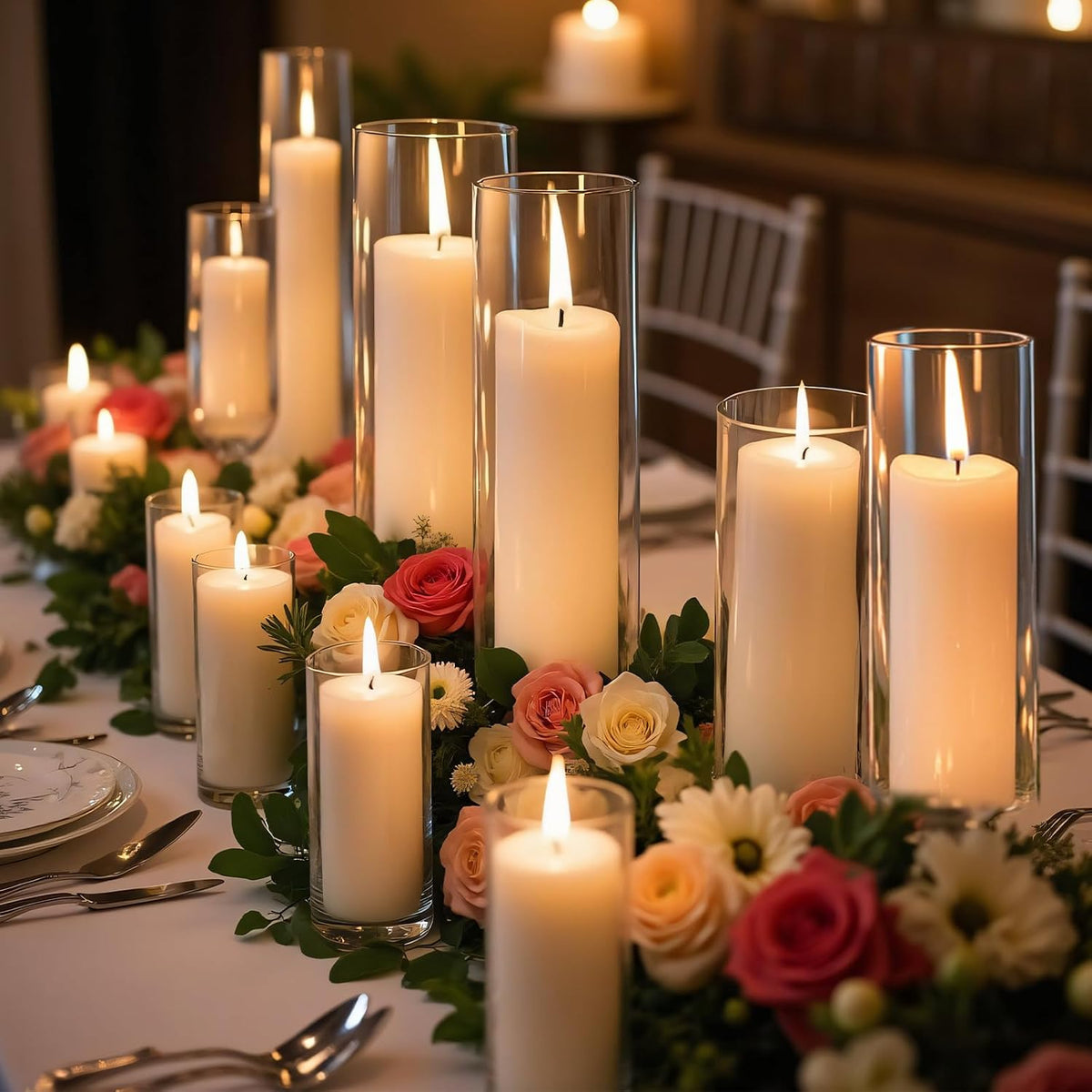 Homjoy 36 PCS Ivory White Pillar Candles with Glass Candle Holders Clear Hurricane Candle Holders Glass Cylinder Vases for Centerpieces Wedding Party, Event, Home Office (18 Candles+18 Candle Hoders)