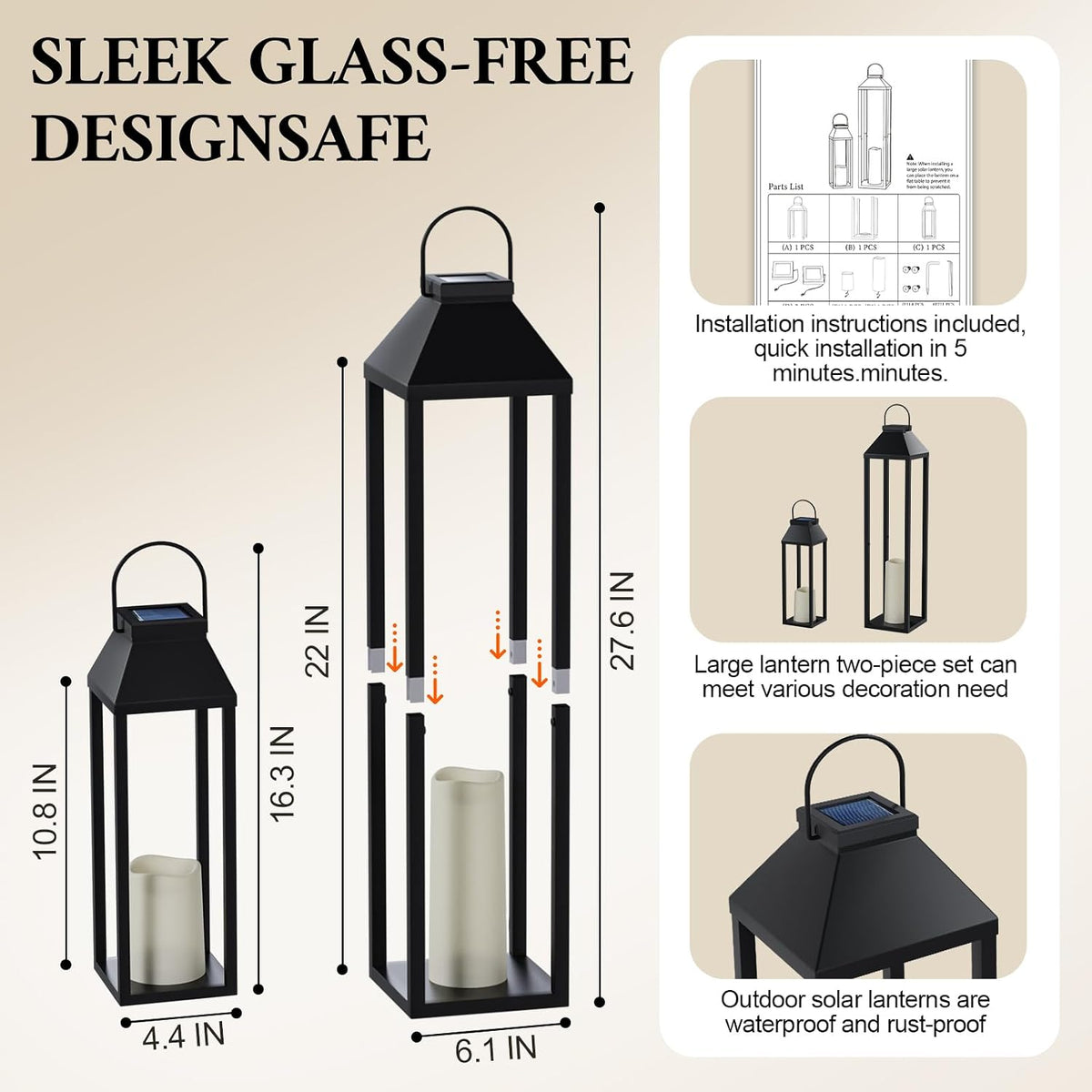 Large Outdoor Solar Lanterns Waterproof, Tall Farmhouse Black Metal Decorative Lanterns Solar Lights Outdoor for Front Porch Decor Outdoor Patio, Garden, Balcony, Porch, 27.6",16.3"-Set of 2