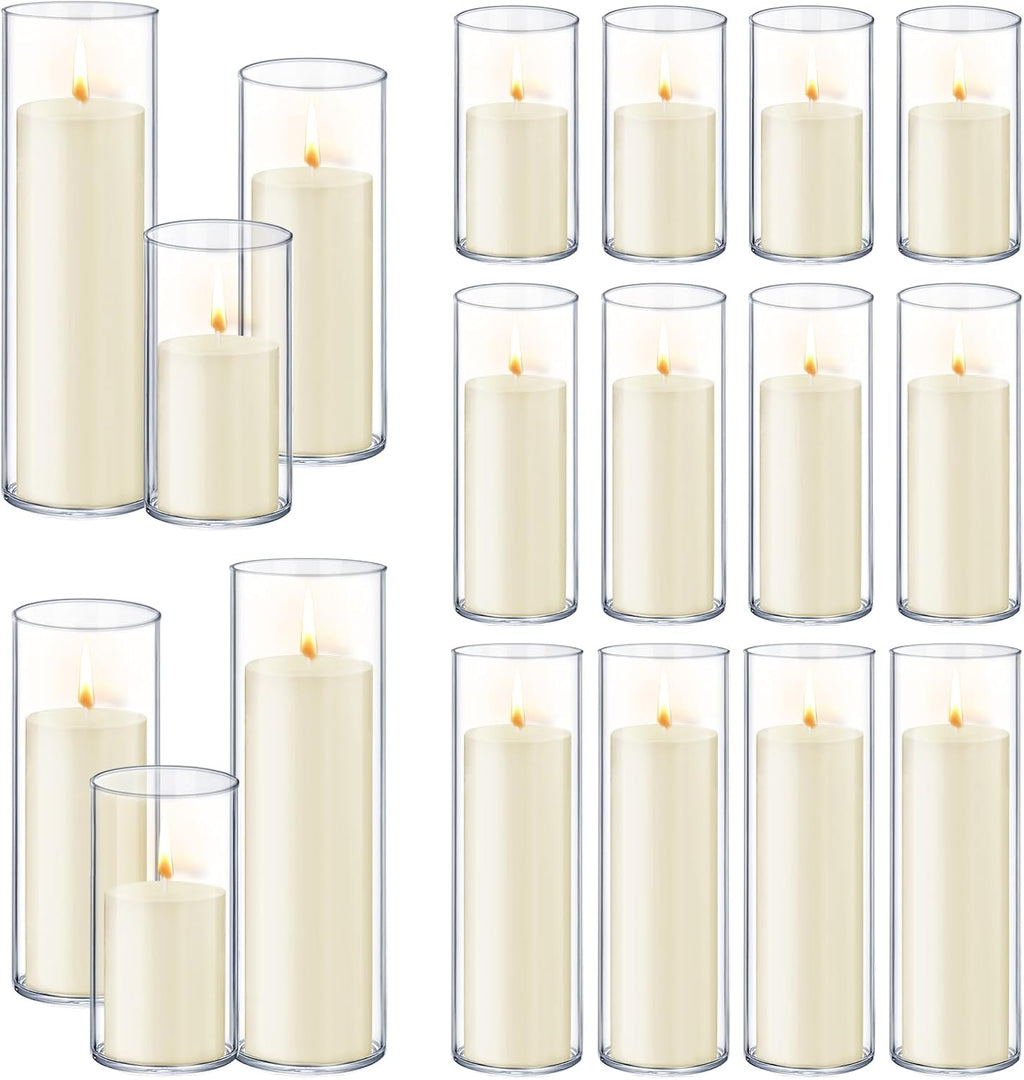 Homjoy 36 PCS Ivory White Pillar Candles with Glass Candle Holders Clear Hurricane Candle Holders Glass Cylinder Vases for Centerpieces Wedding Party, Event, Home Office (18 Candles+18 Candle Hoders)
