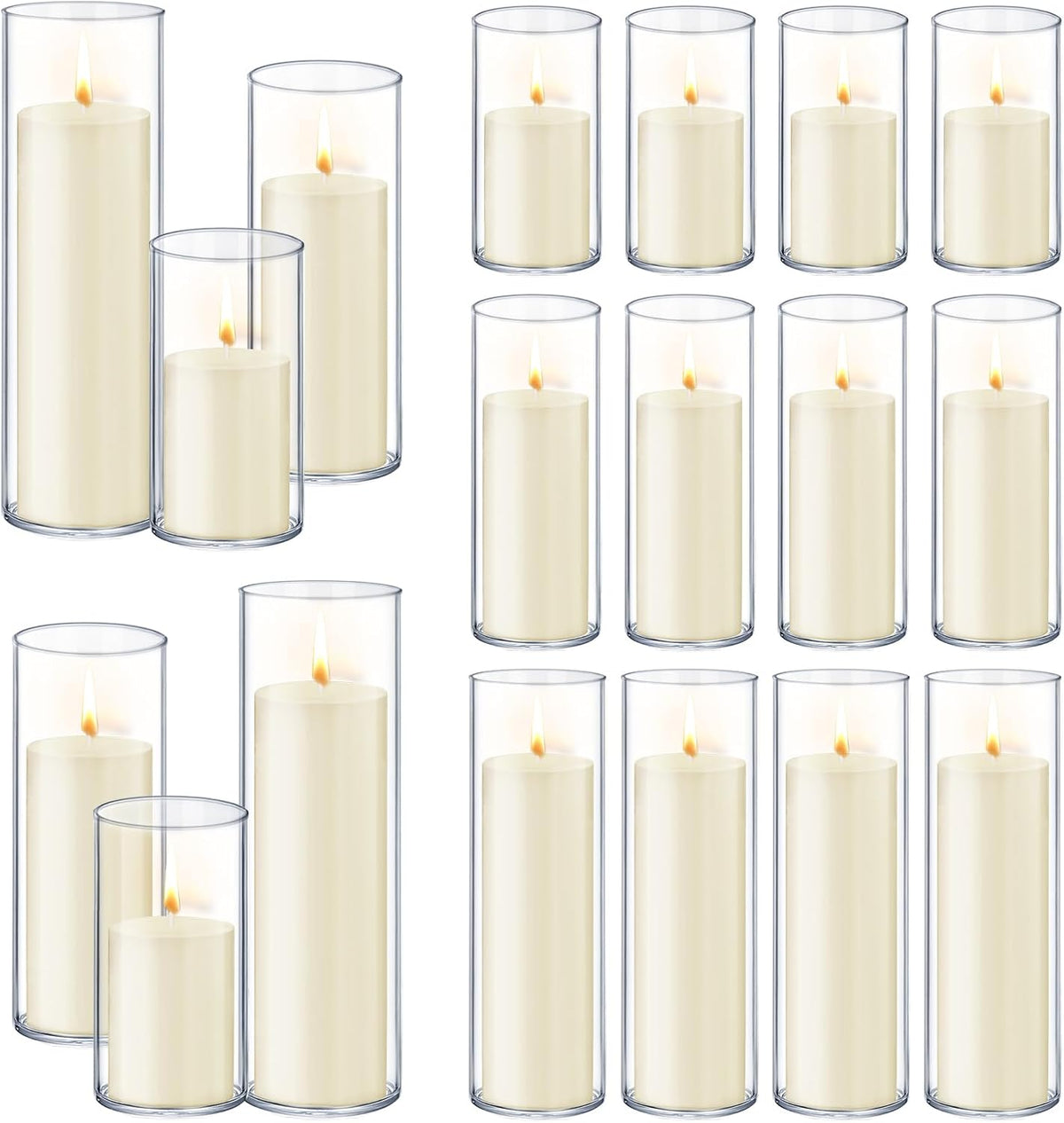 Homjoy 36 PCS Ivory White Pillar Candles with Glass Candle Holders Clear Hurricane Candle Holders Glass Cylinder Vases for Centerpieces Wedding Party, Event, Home Office (18 Candles+18 Candle Hoders)