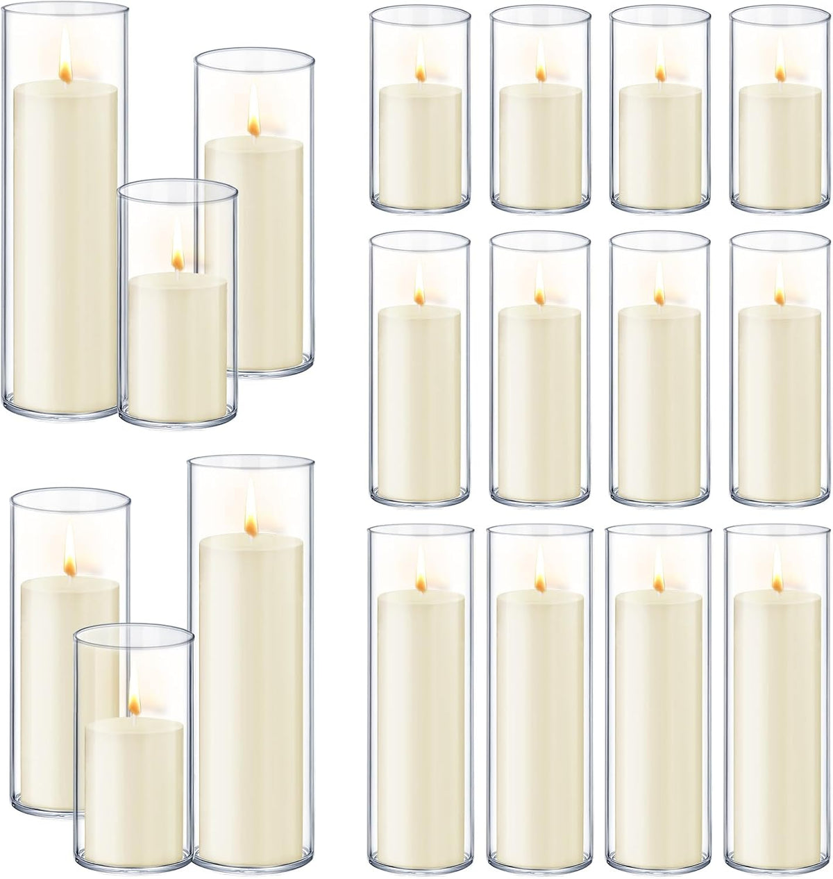 Homjoy 36 PCS Ivory White Pillar Candles with Glass Candle Holders Clear Hurricane Candle Holders Glass Cylinder Vases for Centerpieces Wedding Party, Event, Home Office (18 Candles+18 Candle Hoders)
