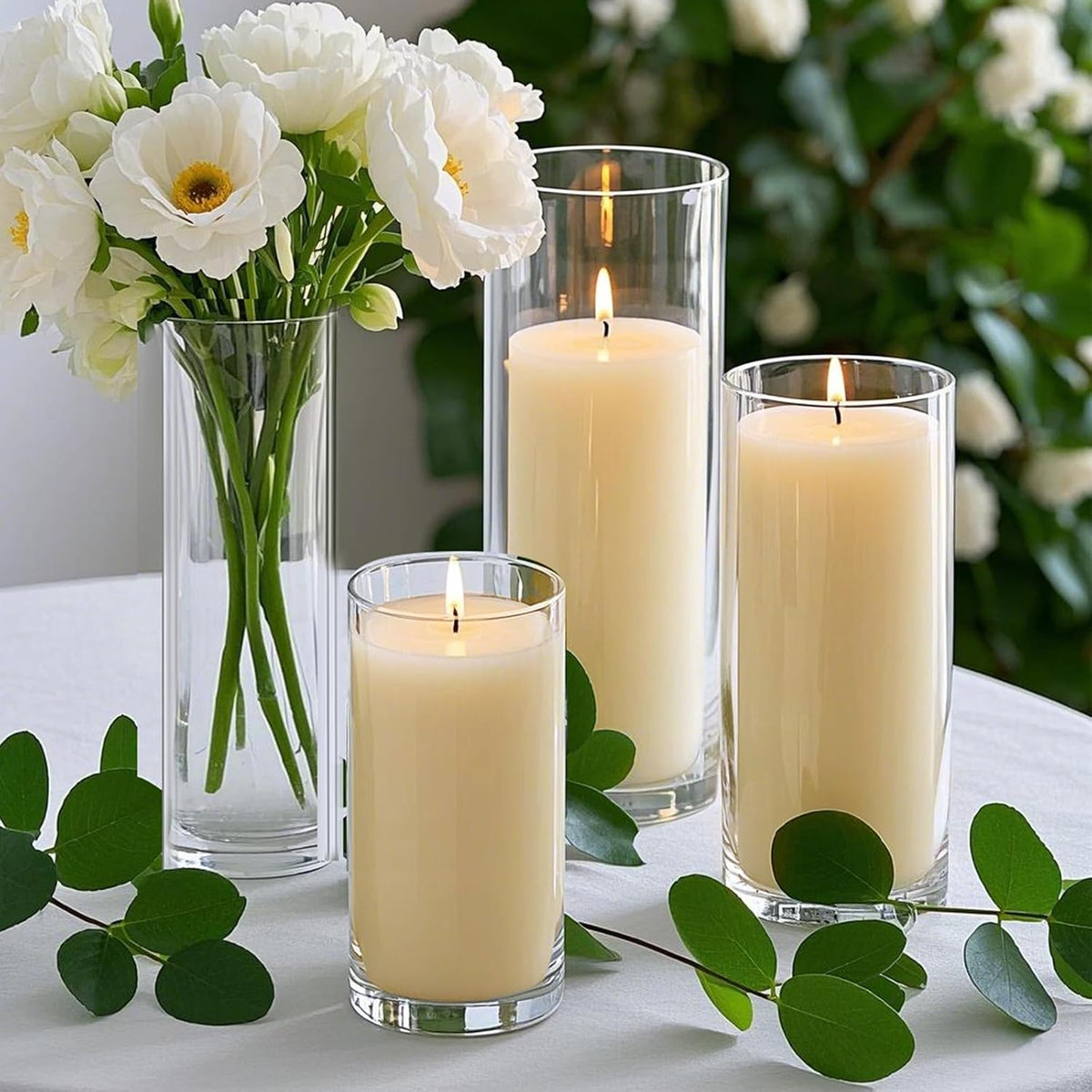 Homjoy 36 PCS Ivory White Pillar Candles with Glass Candle Holders Clear Hurricane Candle Holders Glass Cylinder Vases for Centerpieces Wedding Party, Event, Home Office (18 Candles+18 Candle Hoders)