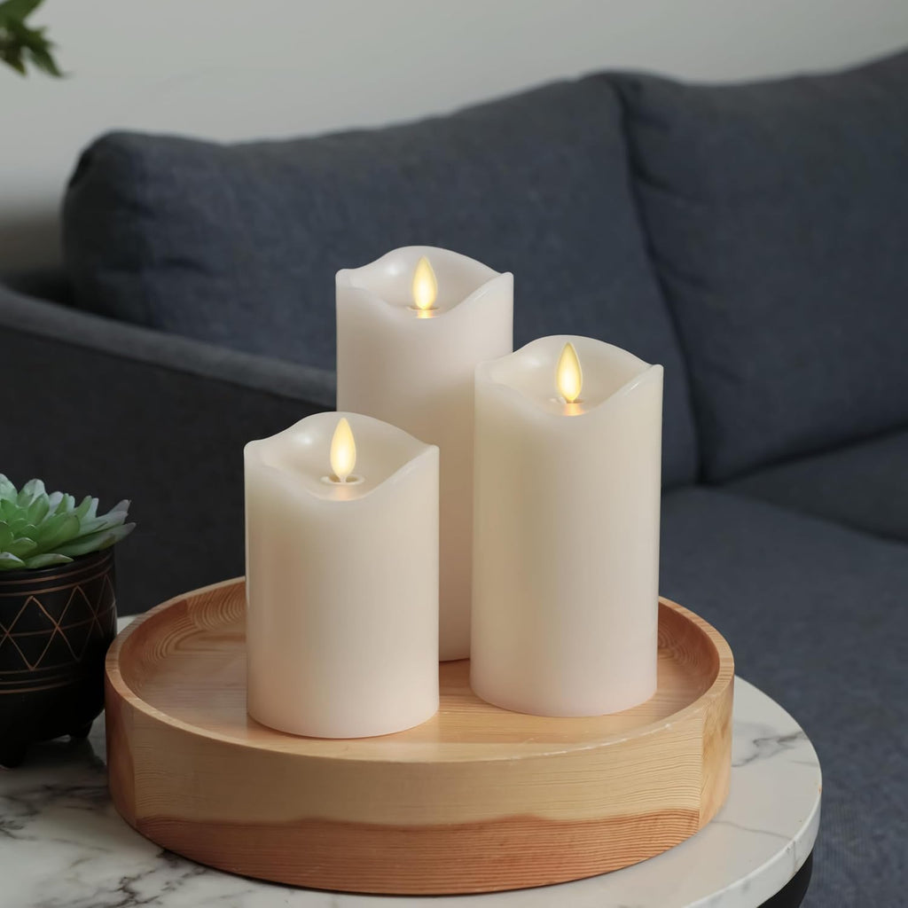 Matchless Candle Co. by Luminara Set of 3 Flameless LED Flickering Moving Flame Pillars (3" x 4.5", 5.5", 6.5"), Melted Unscented Real Wax Edge w/Smooth Finish, AA Battery Operated, Pearl Ivory