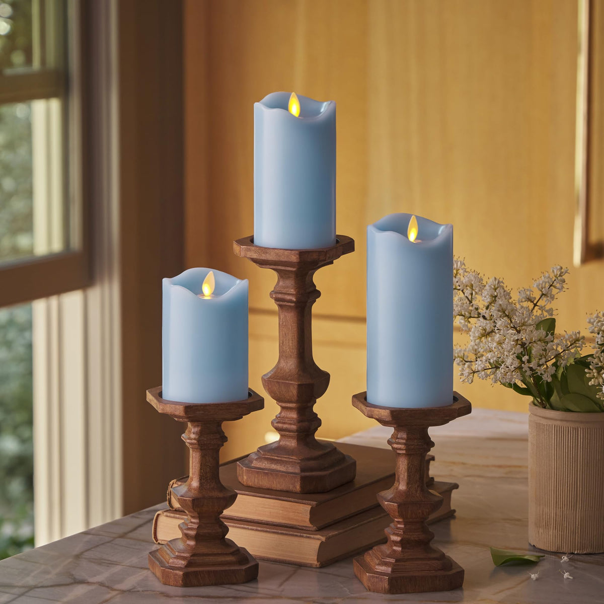 Matchless Candle Co. by Luminara Set of 3 Flameless LED Flickering Moving Flame Pillars (3" x 4.5", 5.5", 6.5"), Melted Unscented Real Wax Edge w/Smooth Finish, AA Battery Operated, Pearl Ivory