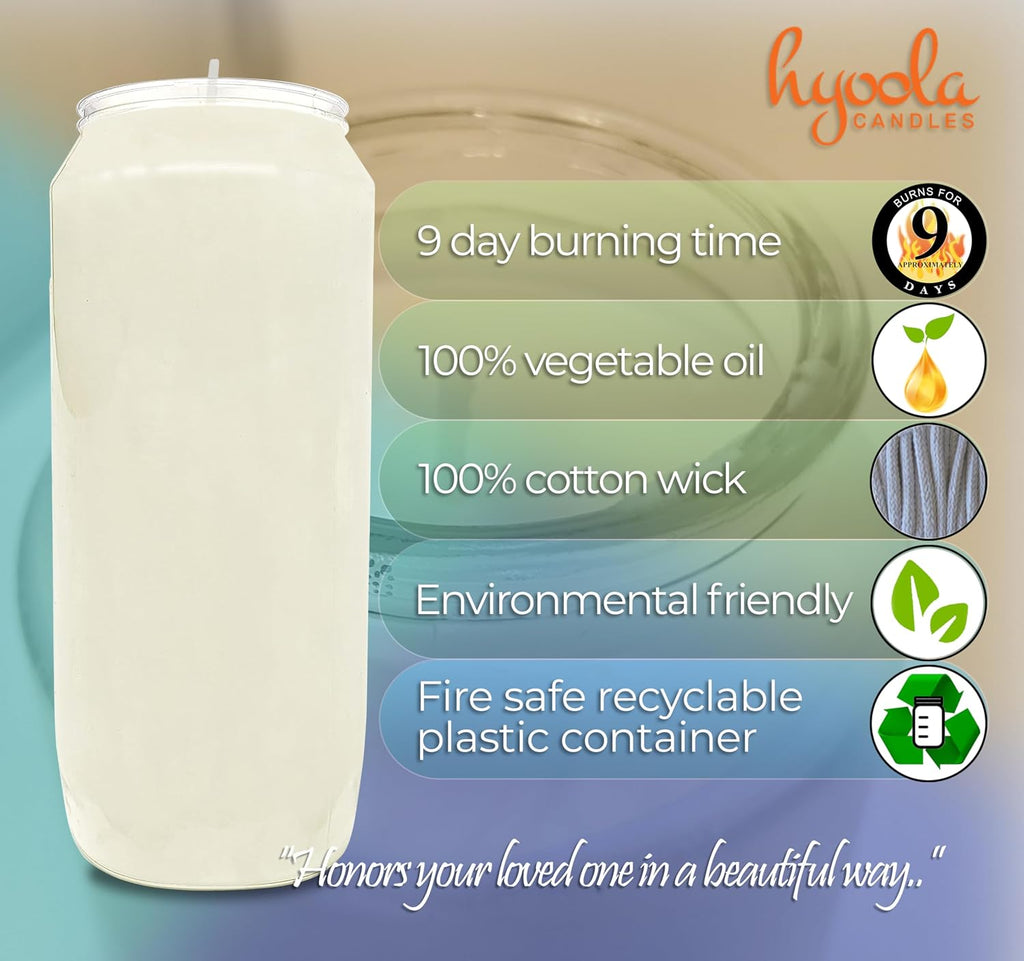 Hyoola 9 Day Prayer Candles 7 inch Tall Pillar Candles for Religious, Memorial, Party Decor, Vigil and Emergency Use - Vegetable Oil Wax in Plastic Jar Container, White (Pack of 10)