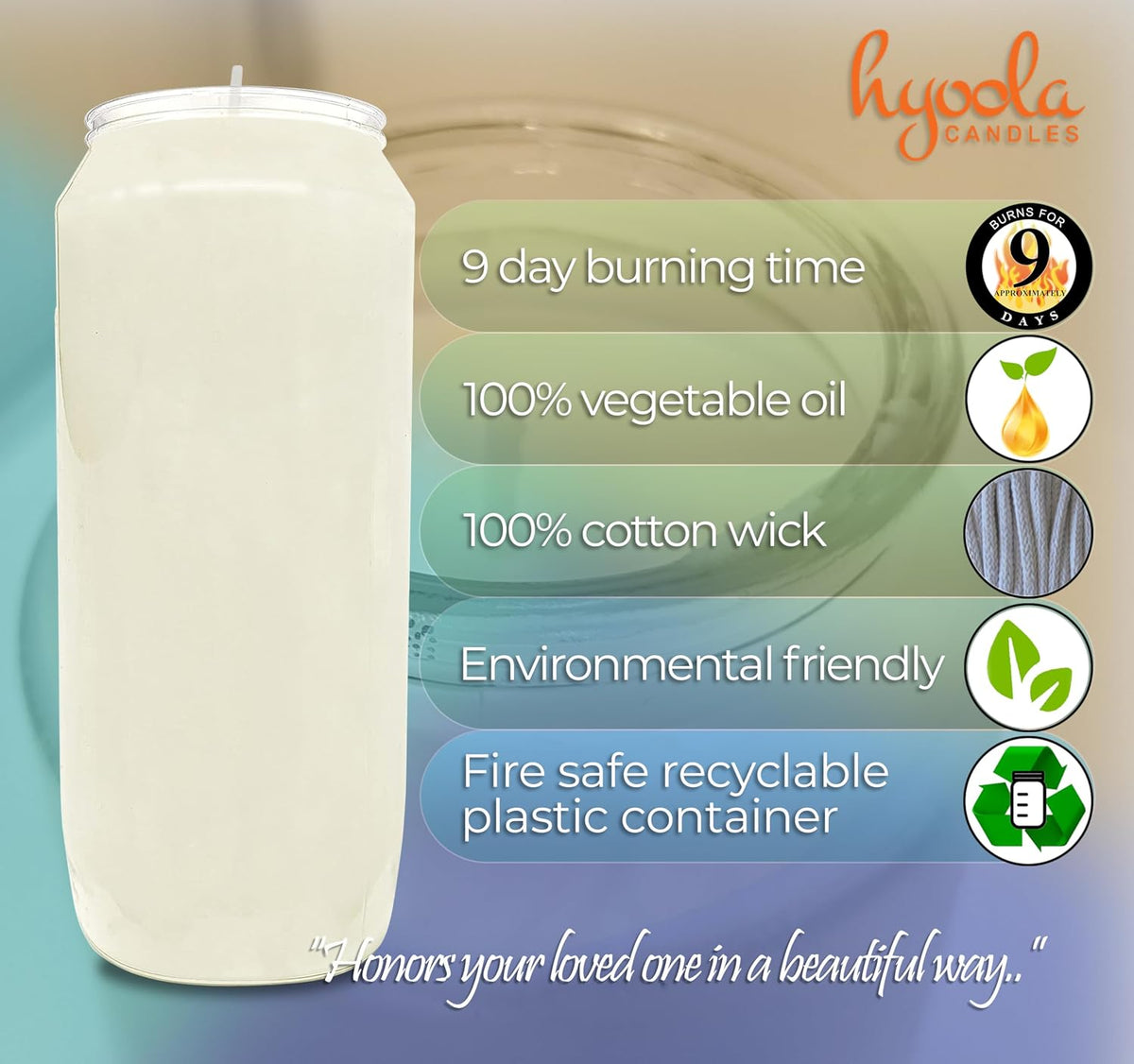 Hyoola 9 Day Prayer Candles 7 inch Tall Pillar Candles for Religious, Memorial, Party Decor, Vigil and Emergency Use - Vegetable Oil Wax in Plastic Jar Container, White (Pack of 10)