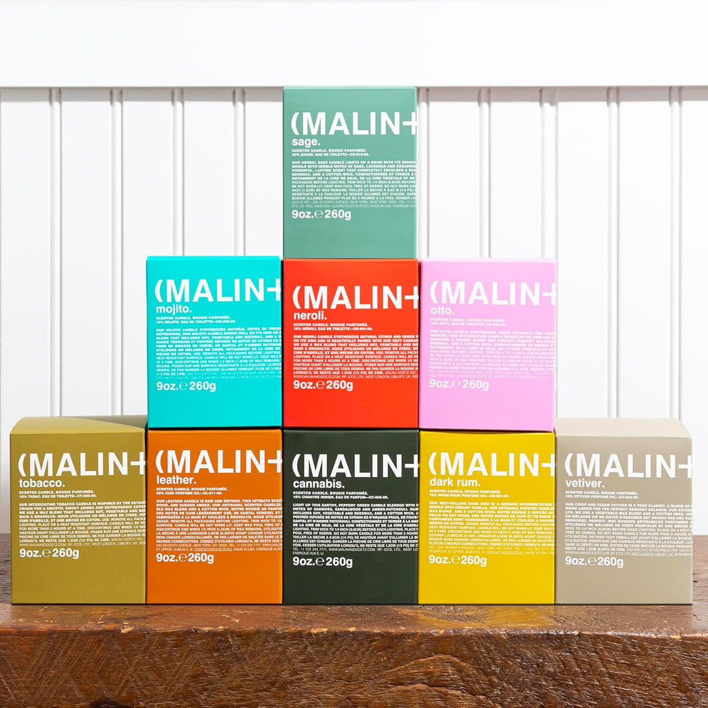 MALIN+GOETZ 9oz Scented Candle | Hand-Poured Soy Wax with Unique Fragrance Blends | Clean-Burning, Vegan & Cruelty-Free | Bergamot, Sage, Otto, Tomato, Strawberry, Cannabis, Dark Rum & Leather